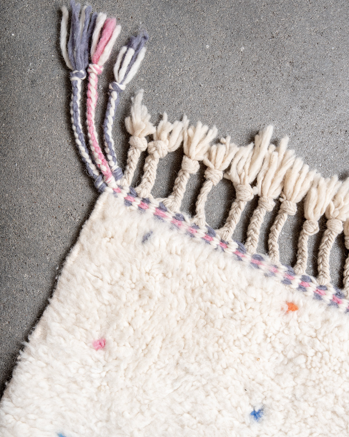 Modern, designer, handcrafted Berber rug from Morocco. Beniourain carpet with beautiful colours and patterns and fluffy wool texture.